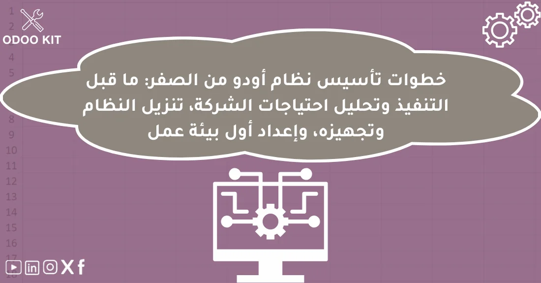 صورة تحتوي على عنوان المقال حول: " خطوات تأسيس Odoo من الصفر وتحليل احتياجات الشركة" مع عنصر بصري معبر