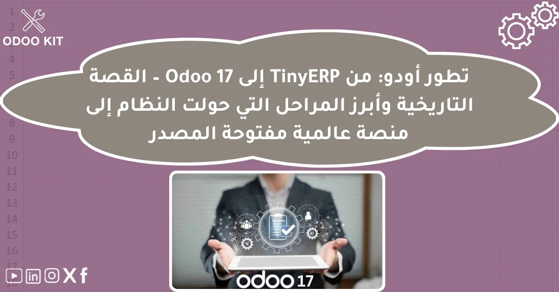 صورة تحتوي على عنوان المقال حول: " تاريخ Odoo وتطوره من TinyERP إلى منصة عالمية" مع عنصر بصري معبر