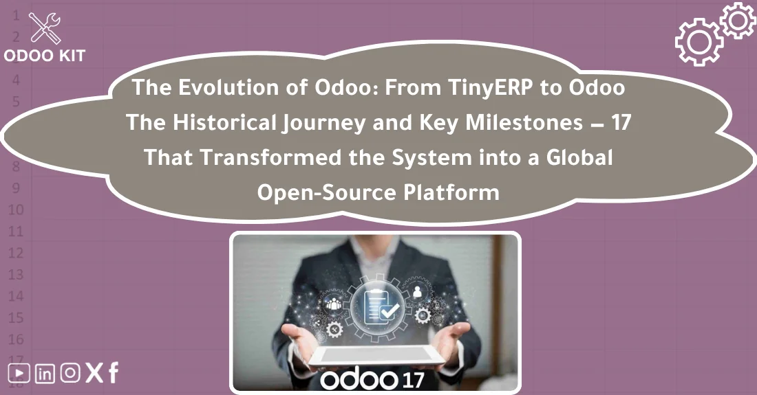 صورة تحتوي على عنوان المقال حول: " History of Odoo: Evolution from TinyERP to Odoo 17" مع عنصر بصري معبر